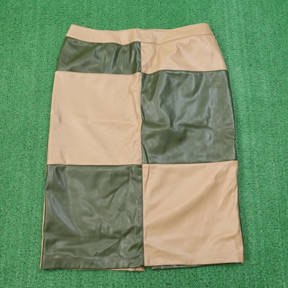 NWT NY&C NEW YORK & COMPANY TAN‎ GREEN PATCHWORK PLEATHER SKIRT WOMENS SZ L NEW!
